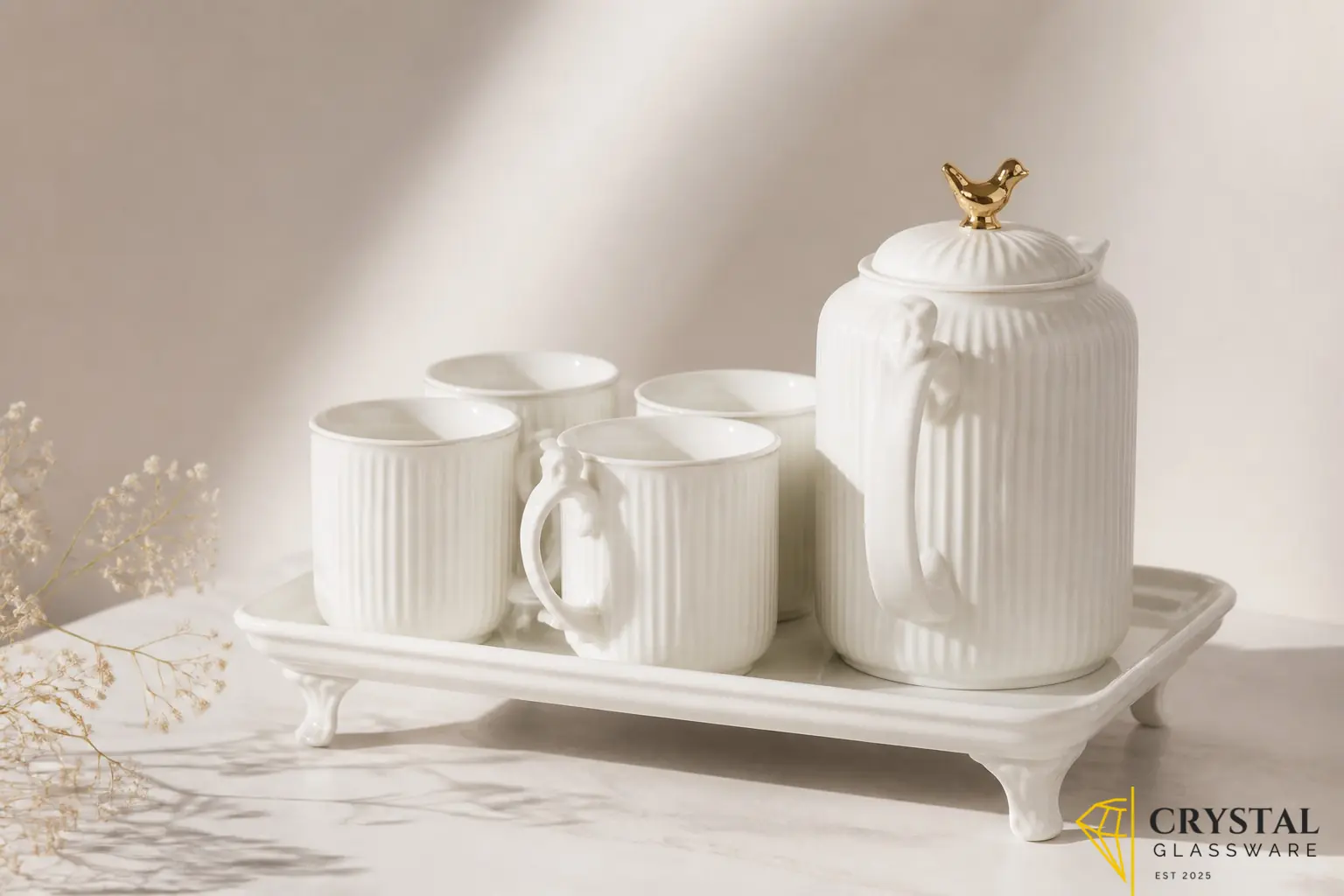 Imported white bone china coffee / Tea set with 6 cups, a teapot, and a tray